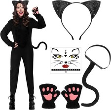Halloween Cat Costume for Woman Black Cat Costume with Gloves Headband Tail Face