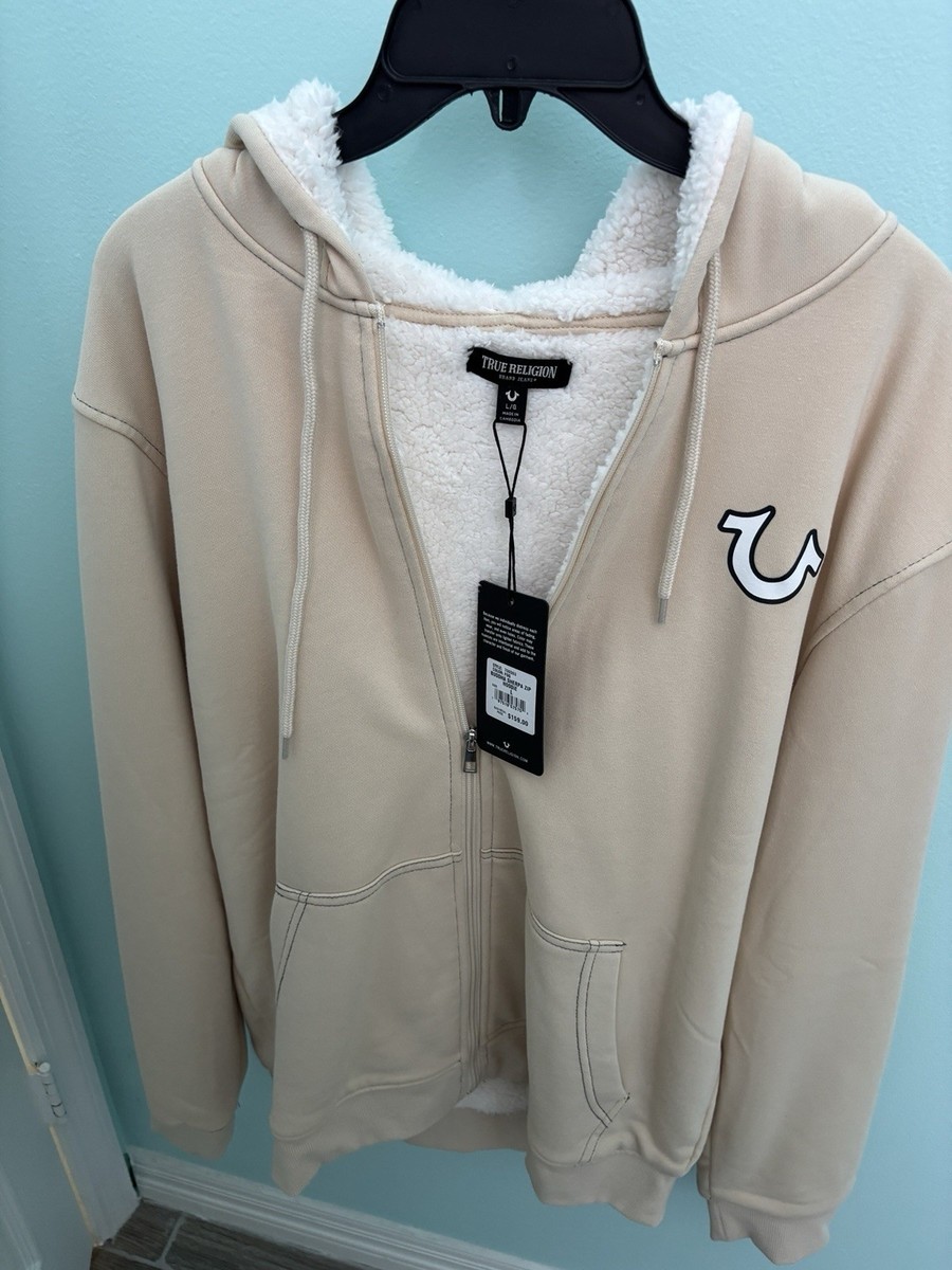 True Religion Men's Large Sherpa Zip Hoodie Buddha Logo Beige Tan