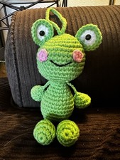 Handmade Crochet Green Frog Stuffed Animal Plush Big Eyes Pink Cheeks Small
