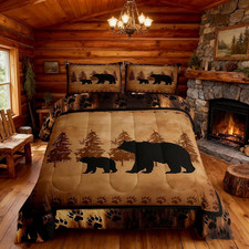 Bear Comforter Set Queen Size Farmhouse Wild Animal Comforter Retro Cabin Lodge