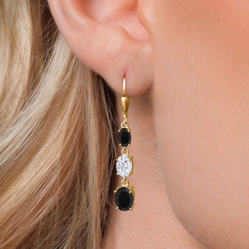 18K Yellow Gold Plated Silver Onyx 3 Stone Dangle Earrings For Women (5.80 - Picture 3 of 7