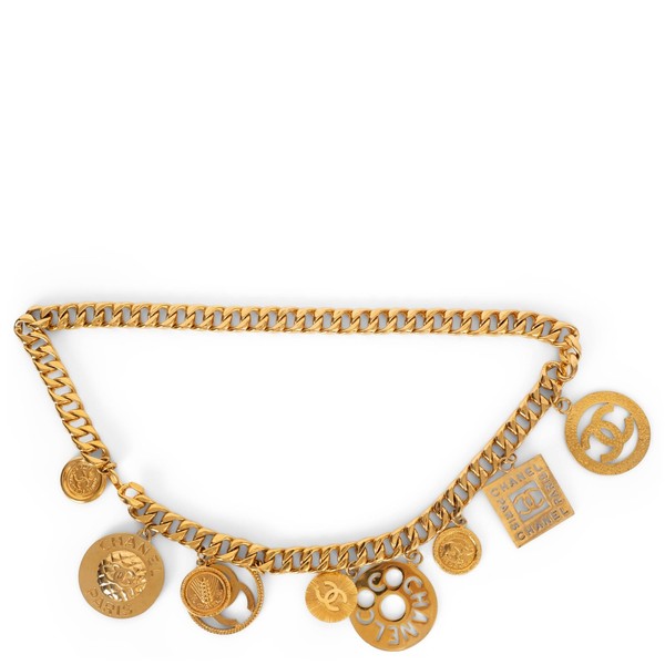 72833 Authentic CHANEL Gold-Tone Metal 92P LOG CHARM CHAIN Belt OZ