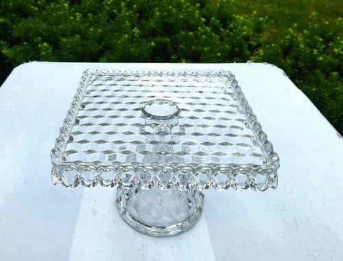American Fostoria Square Cubist Glass Pedestal Cake Stand w/ Rum Well Vintage - Picture 4 of 12