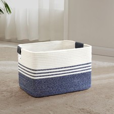 45L Woven Laundry Basket Hamper With Leather Handles Denim Blue Storage Bin