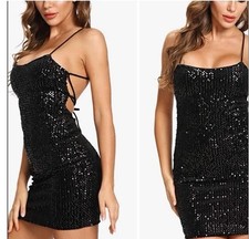 Sugar Poison Black Sequin Mini Dress with Cross Back Straps Size S NWT