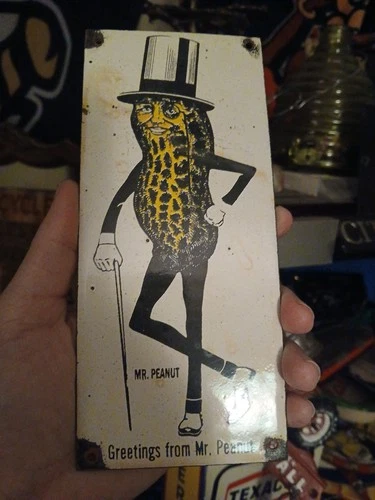 VINTAGE PLANTERS PEANUTS PORCELAIN SIGN OLD NUT SNACK FOOD MR. PEANUT DIECUT
