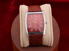 Vintage Men Seiko quartz Barrel-Tank Red Dial Light Brown leather Dress Watch