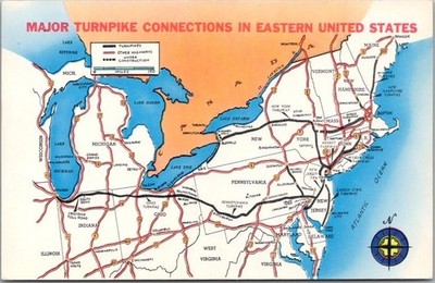 Vintage U.S. Highway MAP Postcard ''Major Turnpike Connections in Eastern U.S.''