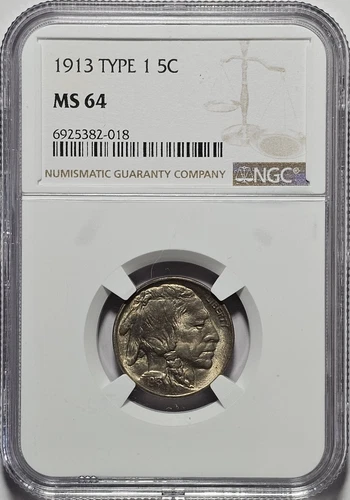 1913-P Buffalo Nickel 5c Coin ~ Type 1 ~ NGC MS64 (G144)