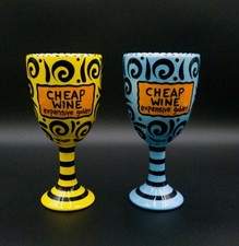 2 Blue/yellow Lorrie Veasey "Our Name is Mud" Cheap Wine Expensive Goblet #TA2