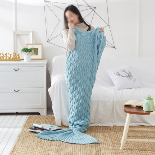 Soft Blue Knitted Mermaid Tail Blanket Acrylic Throw Rug 190cmx90cm Size Bedding - Picture 1 of 4