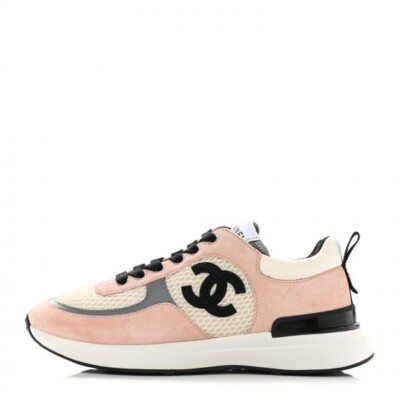 ベビーピンク♪ CHANEL スニーカー CCロゴ NEW Authentic Chanel Womens Pink Mesh Suede Calfskin Leather