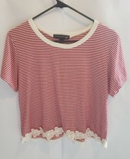 Living Doll Red Striped Crop Tee Shirt Flowers Size Large USA Made