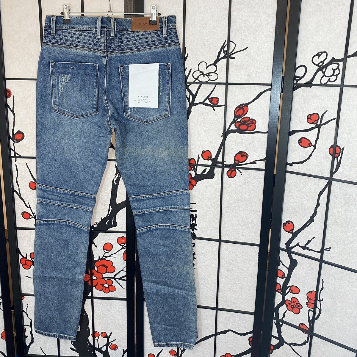 STAMPD Jeans Mens Size 32 Moto Blue Wash Distressed Ripped Skinny