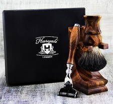 CLASSIC Wood 3 Piece Men's Shaving Set With Badger Hair  3 Edge Cartridge Razor