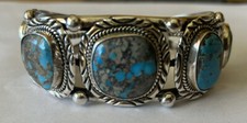 Signed Navajo Sterling Silver Five-Stone Battle Mountain Turquoise Cuff Bracelet