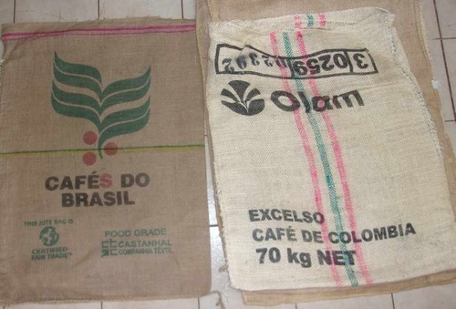 LOT OF 2 MISC DESIGNS Burlap Jute Bags Sacks, Wall Art, APPROM. 38" X 37"
