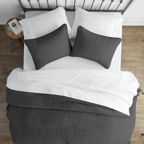 Premium Ultra Soft Quilted 3 Piece Coverlet Set Kaycie Gray Hotel Collection - Picture 6 of 111