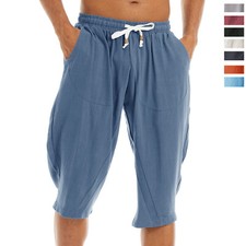 Men's Cotton Linen Harem Shorts Below Knee Baggy Capri Yoga Fitness Casual Pants