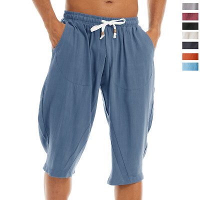Men's Cotton Linen Harem Shorts Below Knee Baggy Capri Yoga Fitness Casual Pants