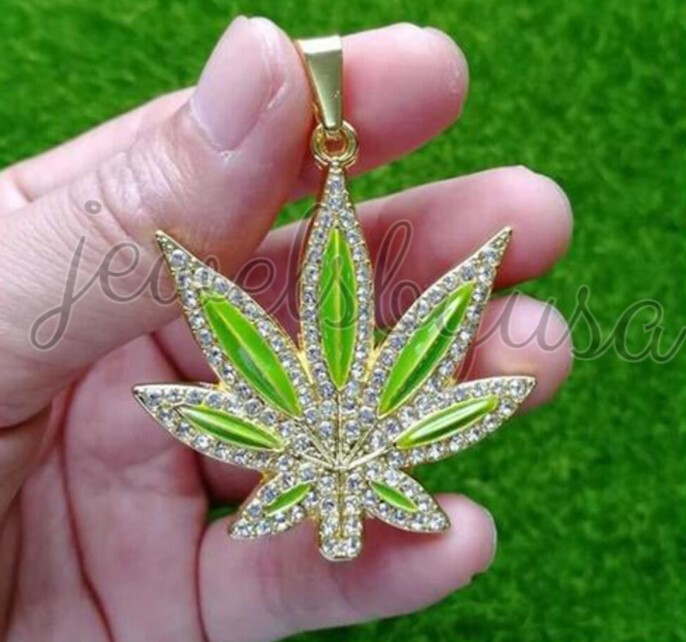 2.1Ct Mens D VVS Moissanite Marijuana Leaf Pendant 14K Yellow Gold Plated Silver