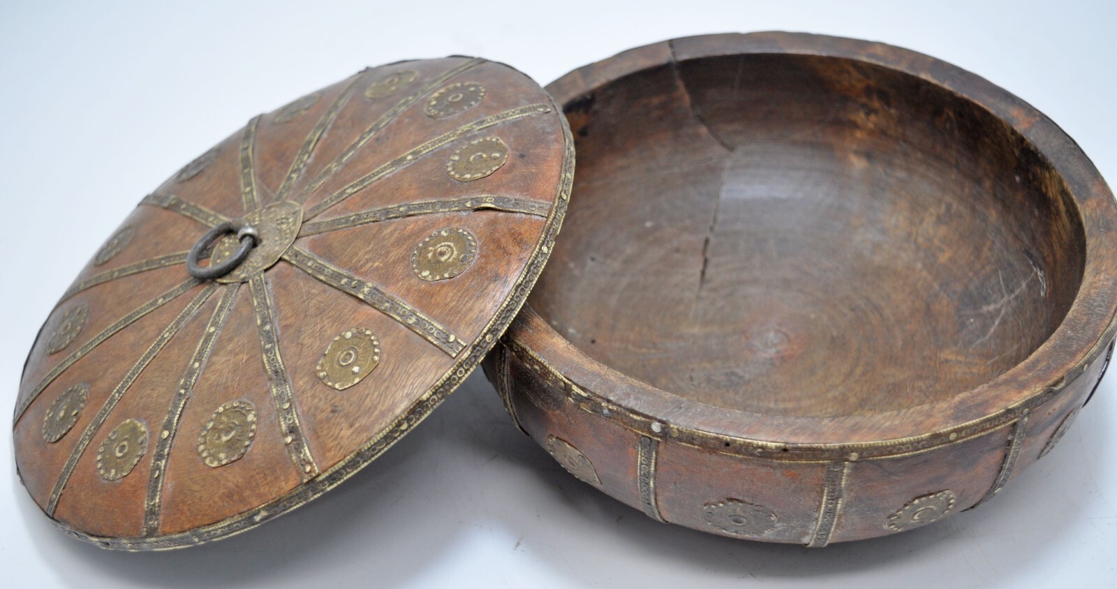 Vintage Wooden Round Kum Kum Powder Tika Box Original Old Hand Carved Brass Fitt