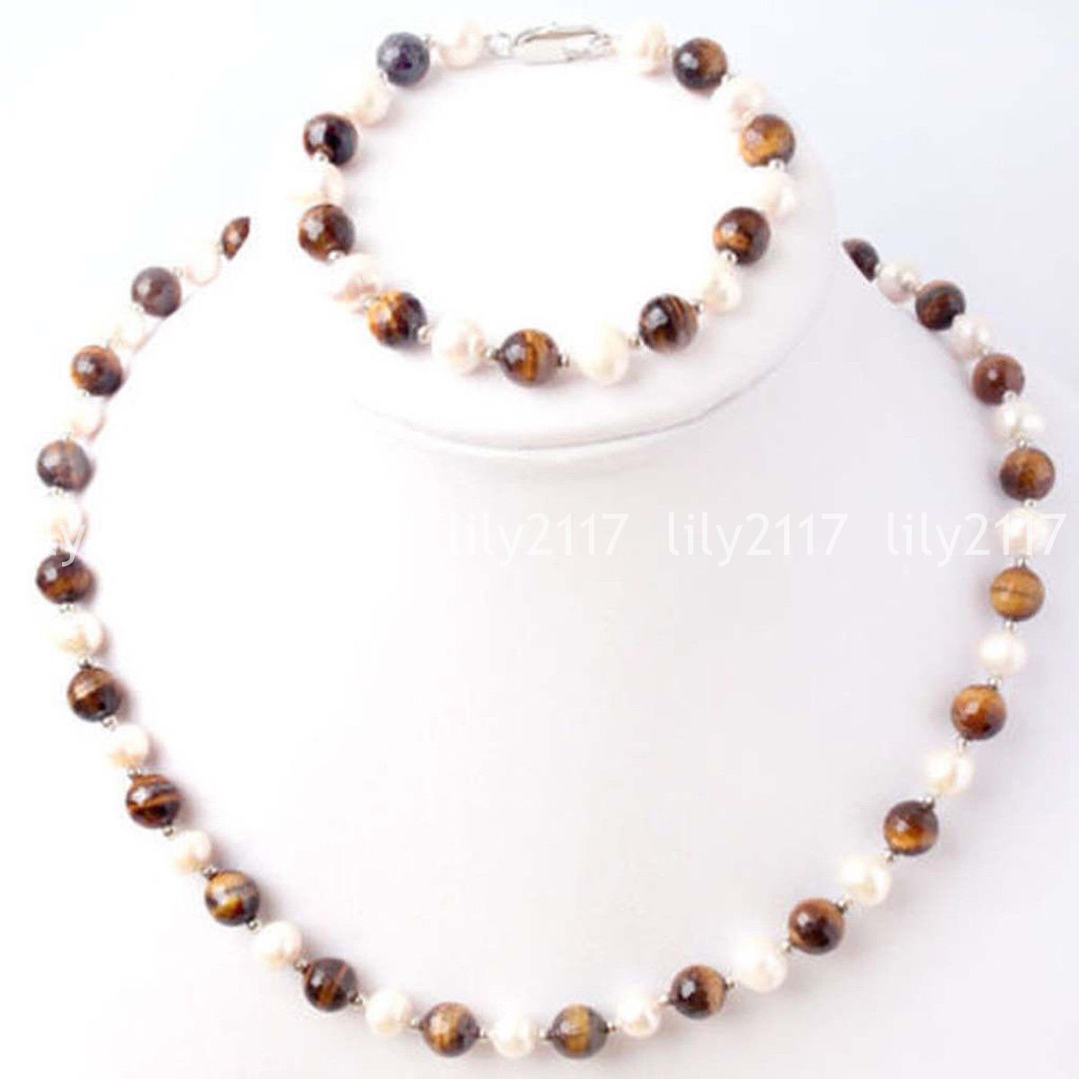 Fashion Natural 7-8mm White Freshwater Pearl Tiger's eye Necklace Bracelet  set