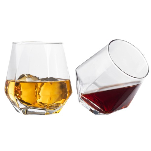 Diamond Whiskey Glasses - Stemless Wine Glass Set of 2- Geometric Tilting Des...