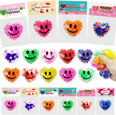 24 Pack Valentines Day Gifts Cards with Heart Stress Balls Squishy Squeeze Toys 