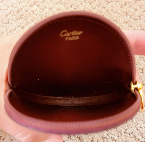 AUTHENTISCHE CARTIER VINTAGE LEDER RUNDE MÜNZGELDBÖRSE/GELDBÖRSE BORDEAUX ROT GEBRAUCHT - Bild 8 von 12