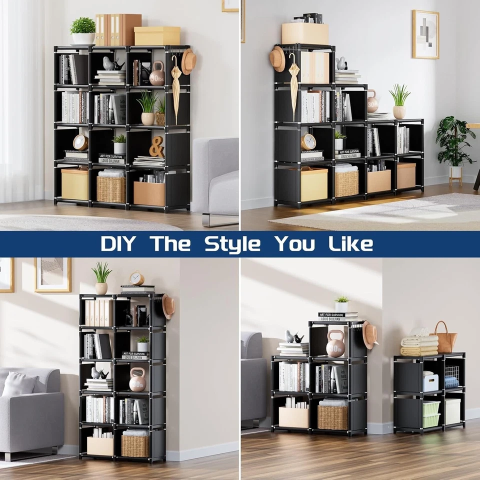 Book Shelf - 12 Cube Storage Organizer DIY Bookcase Metal Black - Image 4 of 4