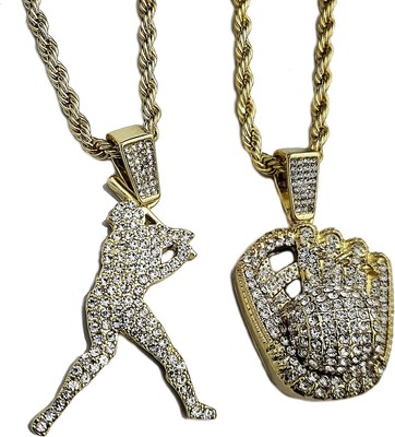 Iced Lab Diamond Gold Plated Baseball Hitter & Glove Pendant & 4mm 24Rope Chain