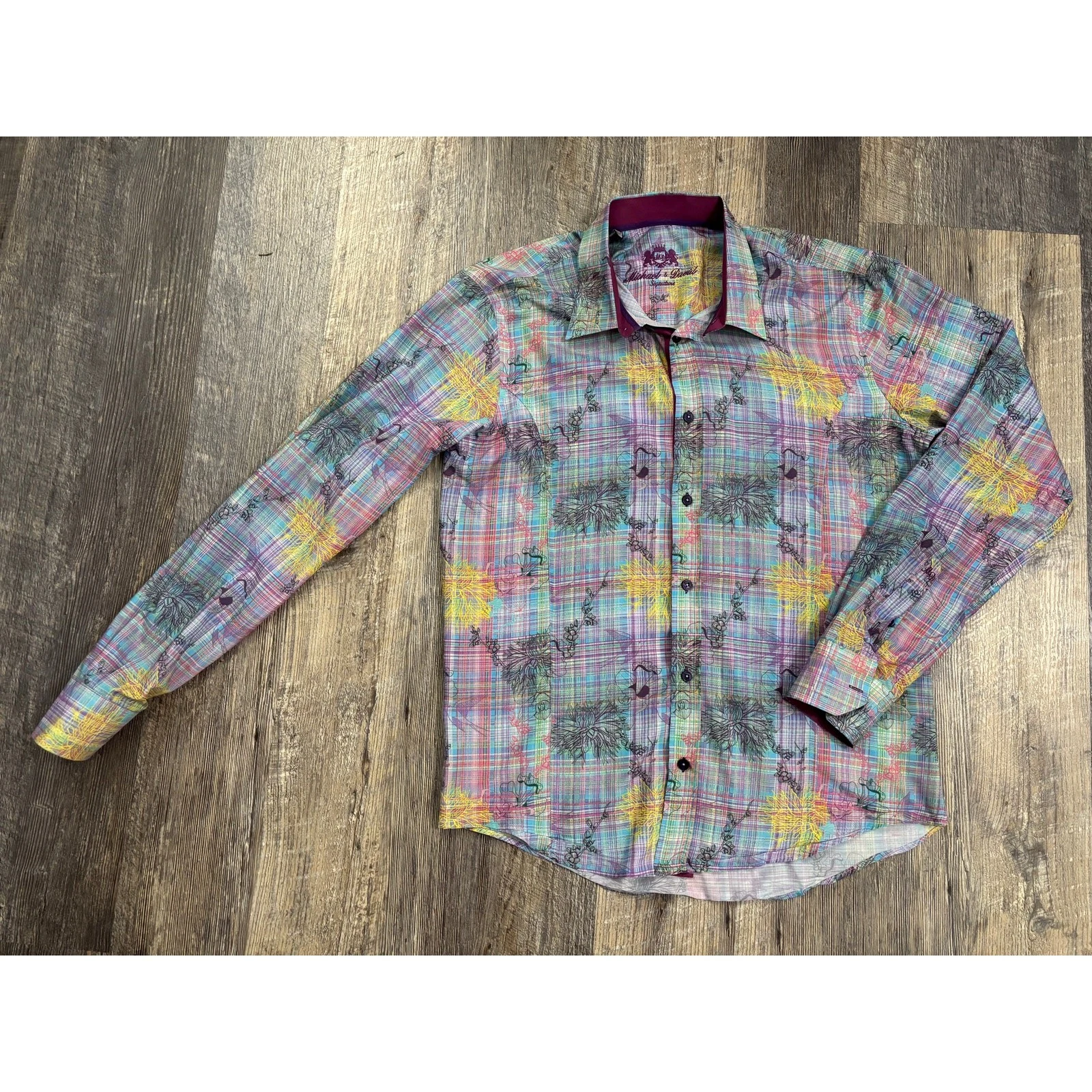 Michael & David Signature Mens Long Sleeve Plaid Floral Button Down Shirt 22x29