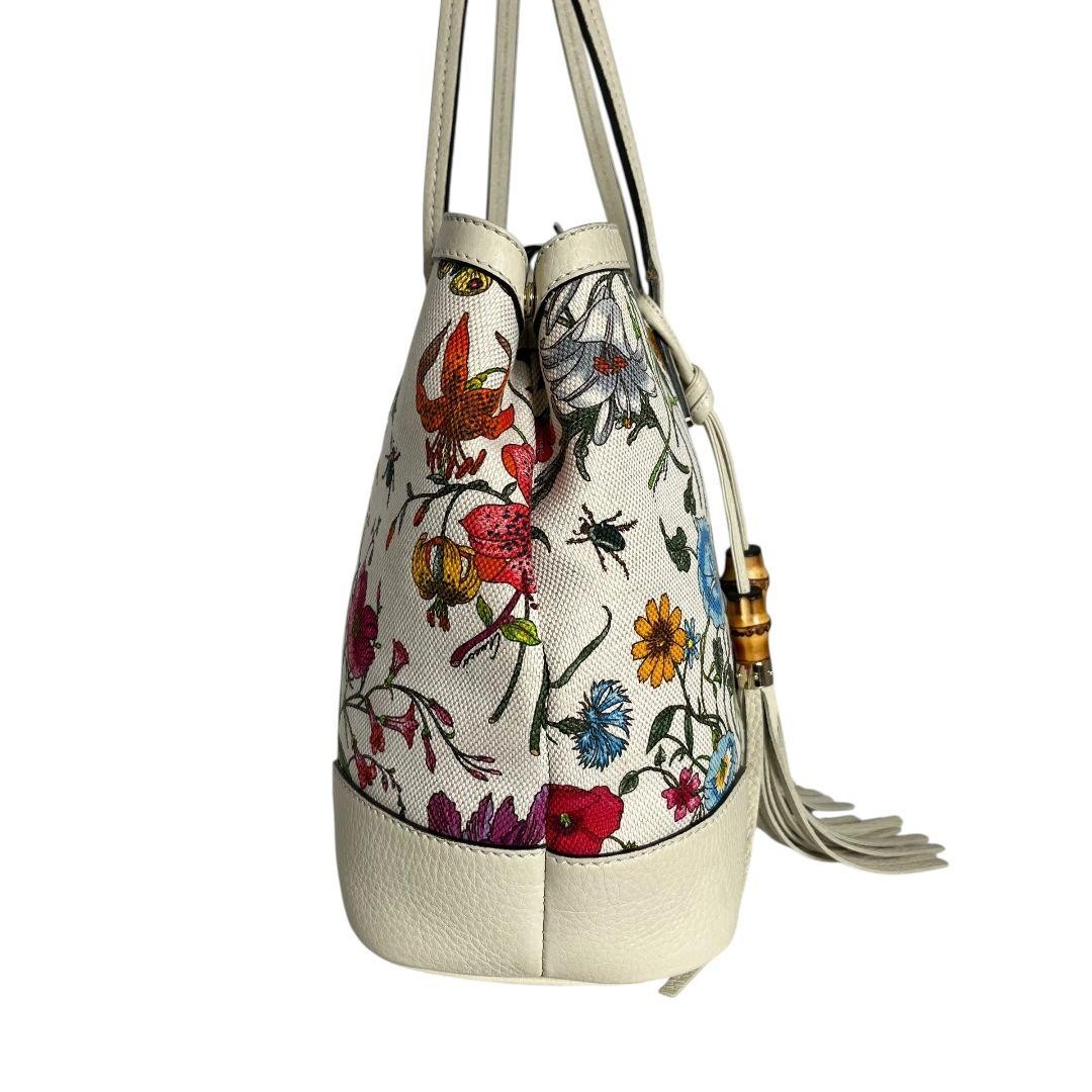 GUCCI Flora Tote Bag 50th Anniversary Flower Pattern Leather Canvas White VIN thumbnail 5