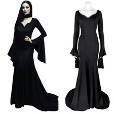 Halloween Morticia Addams Long Black Gothic Dress Costume Adams Family