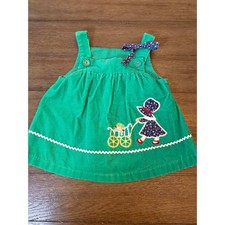 Vintage Corduroy Pinafore Dress Kids 2T Green Embroidered Rickrack USA Made