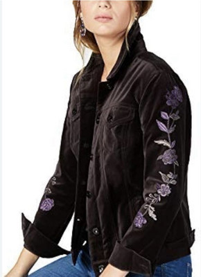 Style&Co Women's Velvet Embroidered Floral On Sleeves 100% Cotton Jacket Gray L