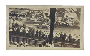 Vintage 1920s Auto Racing Snapshot Photo Dirt Track Race Car #5 Grandstand Crowd