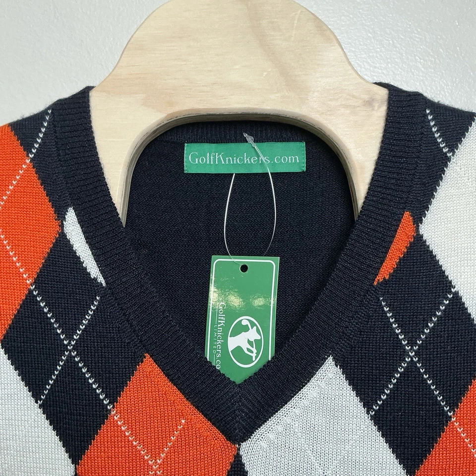 Golf Knickers Men’s Sweater Vest XL Navy Orange Argyle Wool Blend Mens NWT - Image 3 of 4