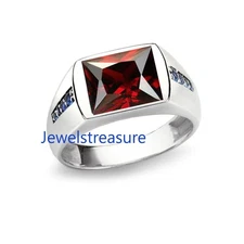 Natural Garnet & Sapphire Gemstone  with 925 Sterling Silver Ring For Men's #06