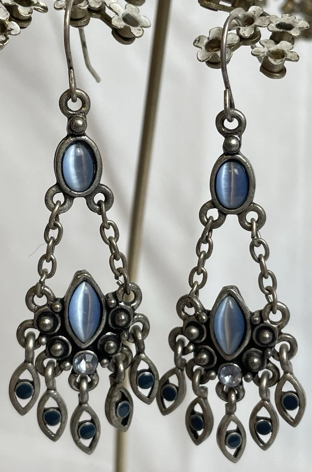 "Pendientes colgantes araña 2,25"" cuentas ojo de gato azul peltre acento de cristal" Foto 2 de 4