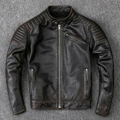 Men s Motorcycle Biker Vintage Distressed Cafe Racer Retro Black Leather Jacket