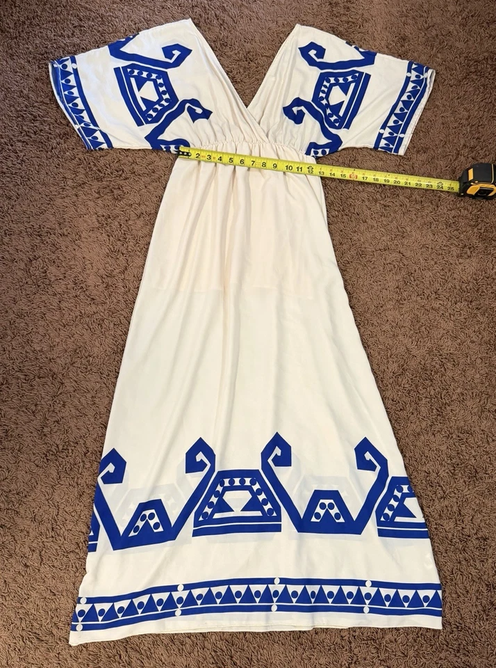 Maxi Vestido Para Mujer Crema SAGE Medio Verde Estampado Griego Manga Corta Resort Vibes Foto 4 de 4