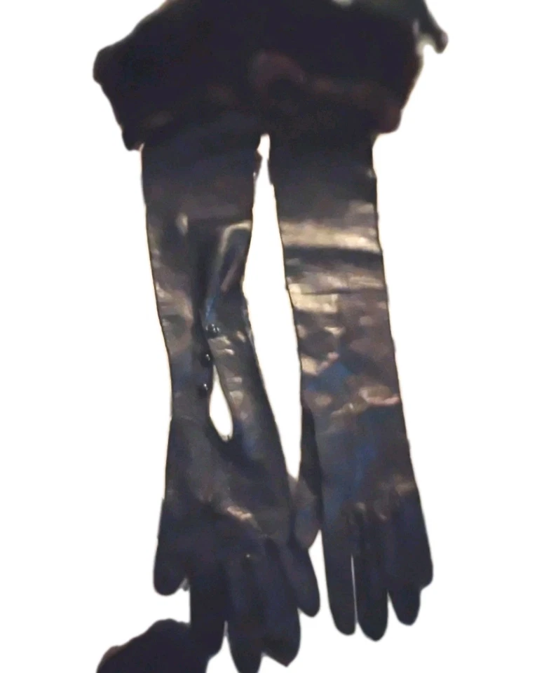 21" Black Kid Leather Gloves. 4" Black Fox cuff Opera!7.5 Mint! 3 Button Wrist - Image 4 of 4