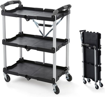 Folding service cart, 150 lbs load capacity, black.
