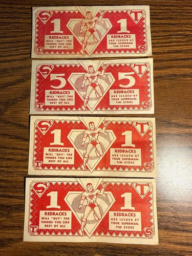 Superman Redback Cash (Group of 4 Bills) Superman-Tim 1950's Vintage