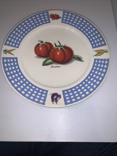 Tabletops Unlimited Fresh Vegetable Dinner Plates 10.75" Tomato Blue Checked