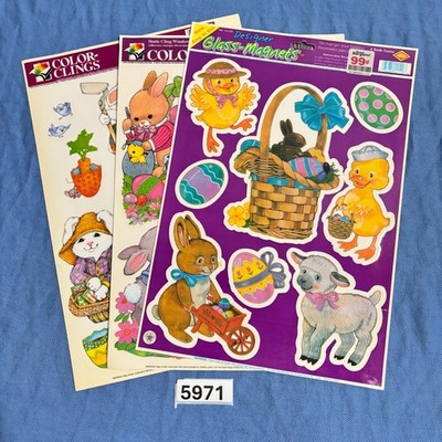 Vtg Lot 3 Sheets Easter Bunny Egg Basket Window Clings c
