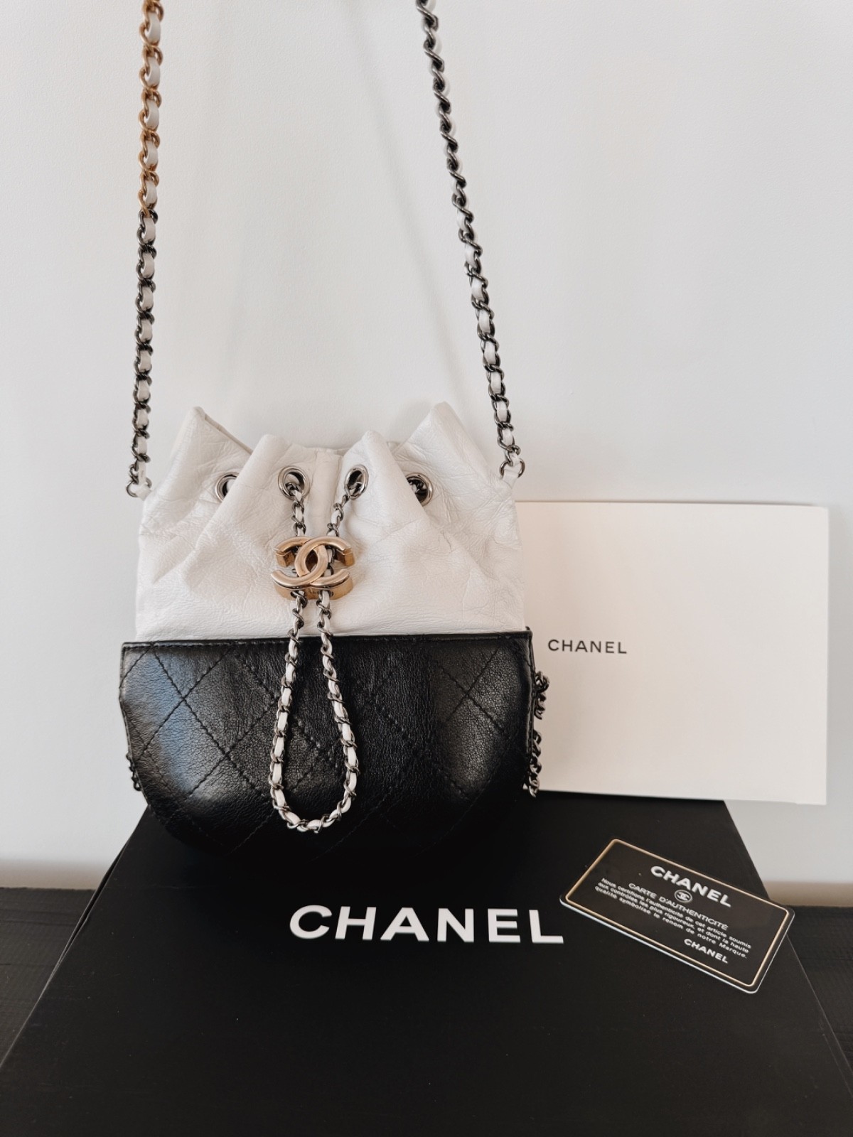 CHANEL Small White Black Leather Gabrielle Bucket Bag w/ Gold Silver Chain
