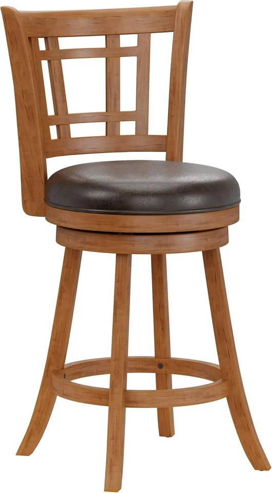 Transitional Oak Swivel Stool with Comfortable Lattice Back for Home Bars - Image 3 of 4